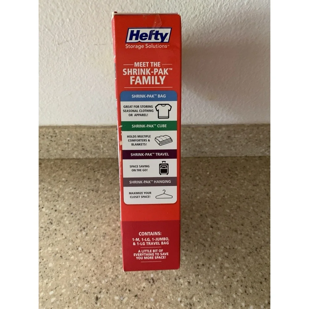 Hefty Shrink Pak Combo - 1 Medium, 1 Large, 1 Jumbo, 1 Large Travel Bag NEW